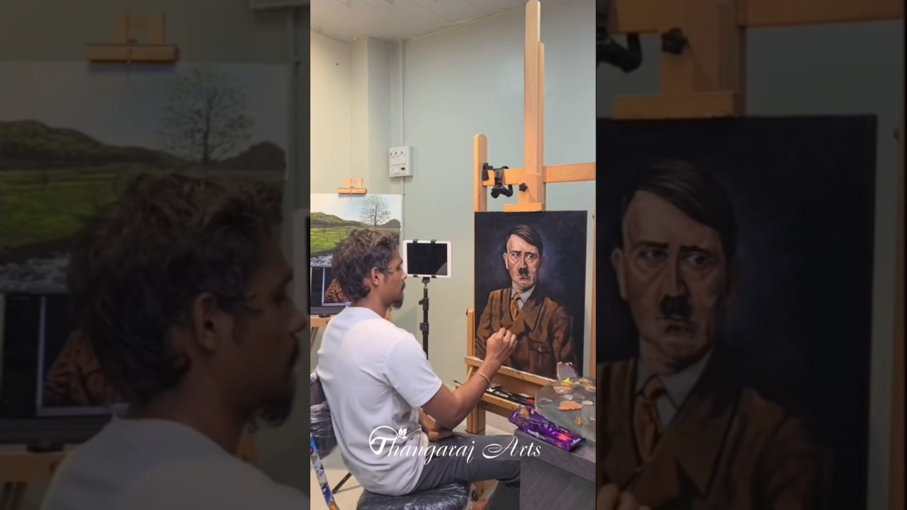 Master Artist Thangaraj painting bespoke oil portrait in Mumbai atelier