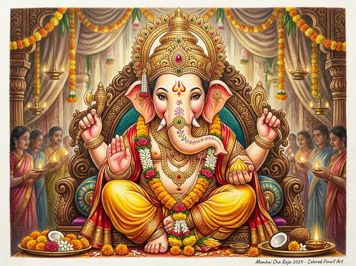 Mumbai Cha Raja Drawing: Step-by-Step Pencil and Colour Guide